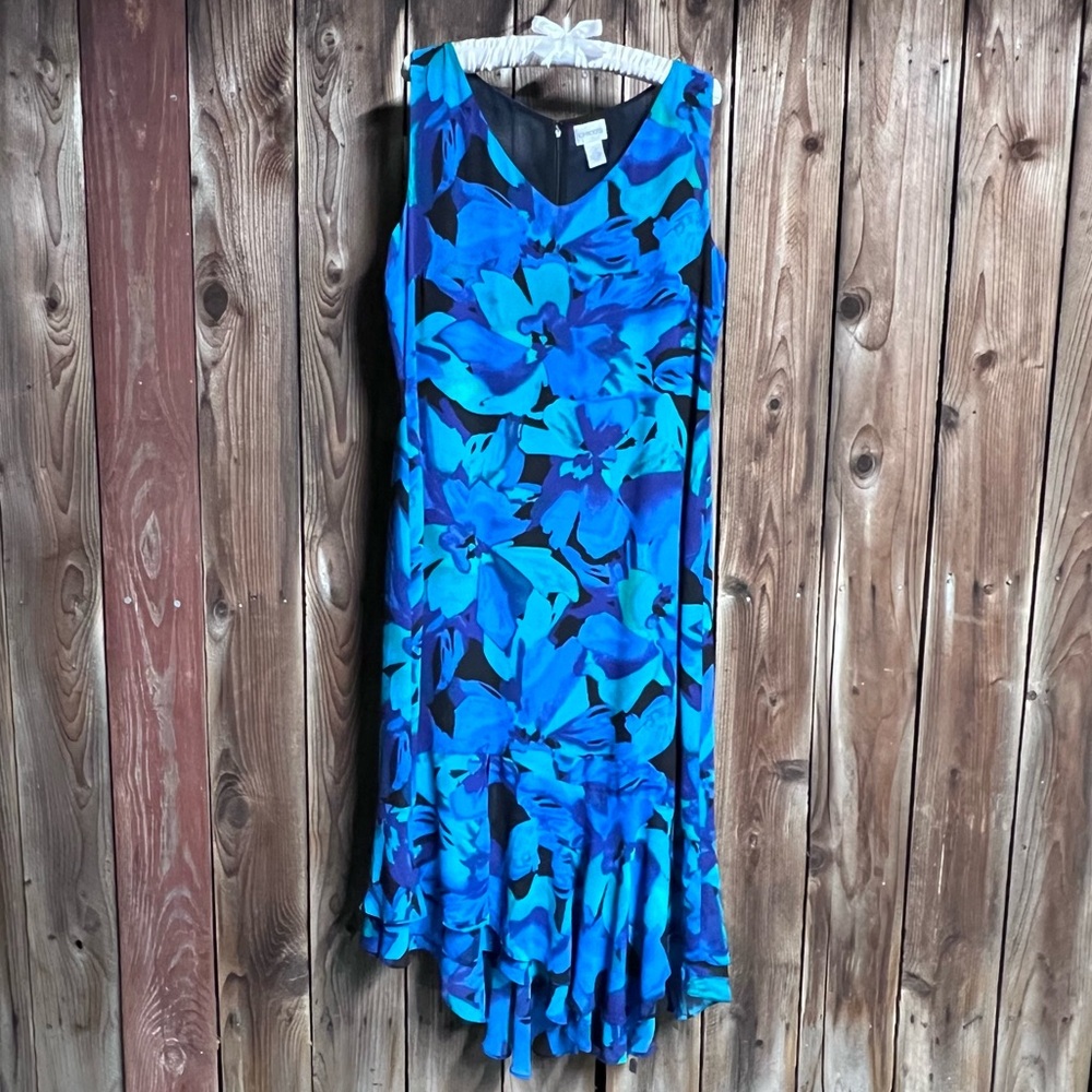 Chicos Sz 2 100% Silk Elegant Watercolor Blue Teal Floral Ruffle Maxi Dress Sz L - Picture 7 of 12